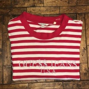 white and red guess shirt